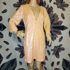Venus Size Medium Coral Peach Flip Sequin Deep V Cocktail Dress
